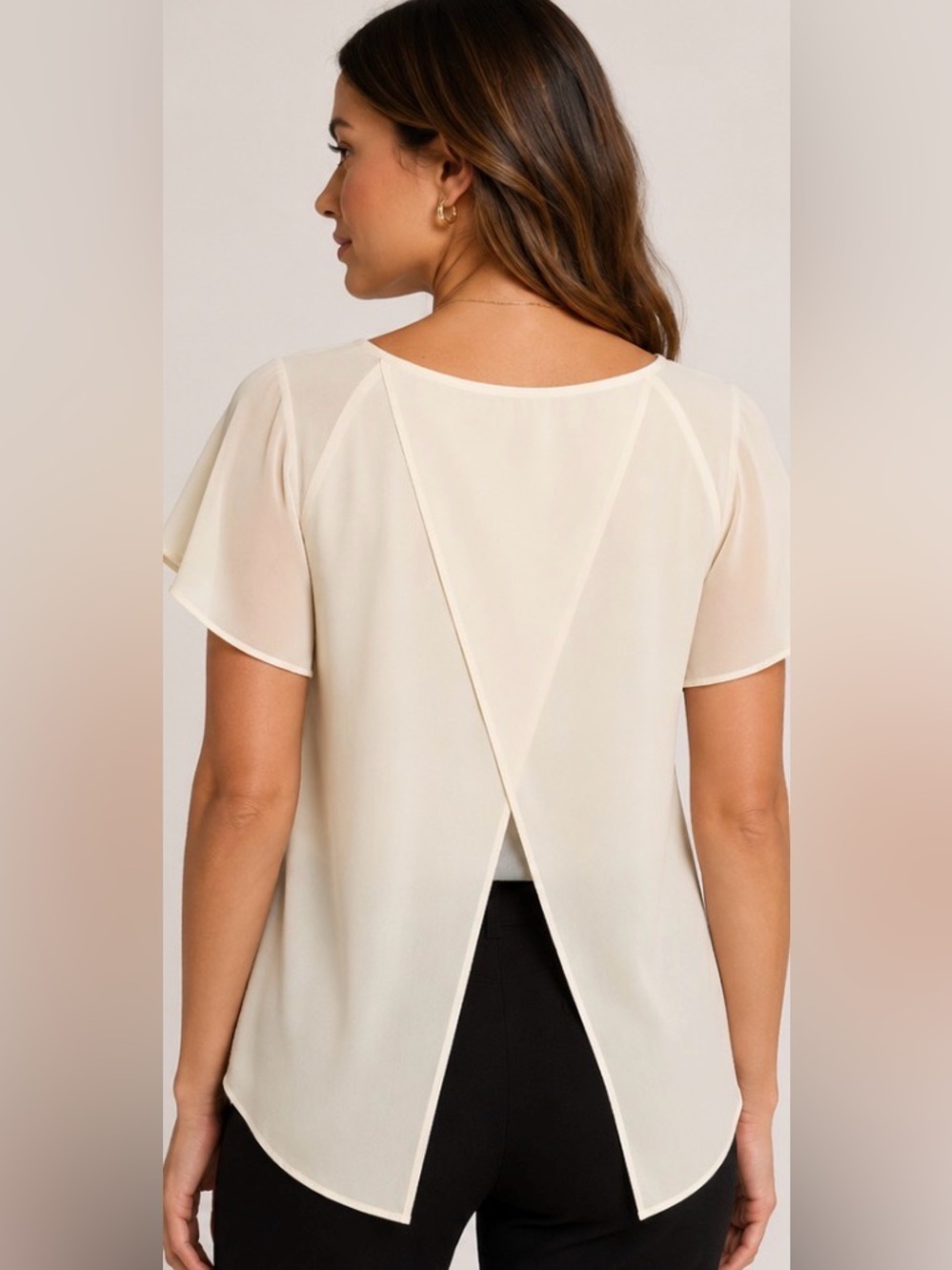 Charming Charlie Cream Chiffon Split Back Blouse Flutter Sleeve Top L